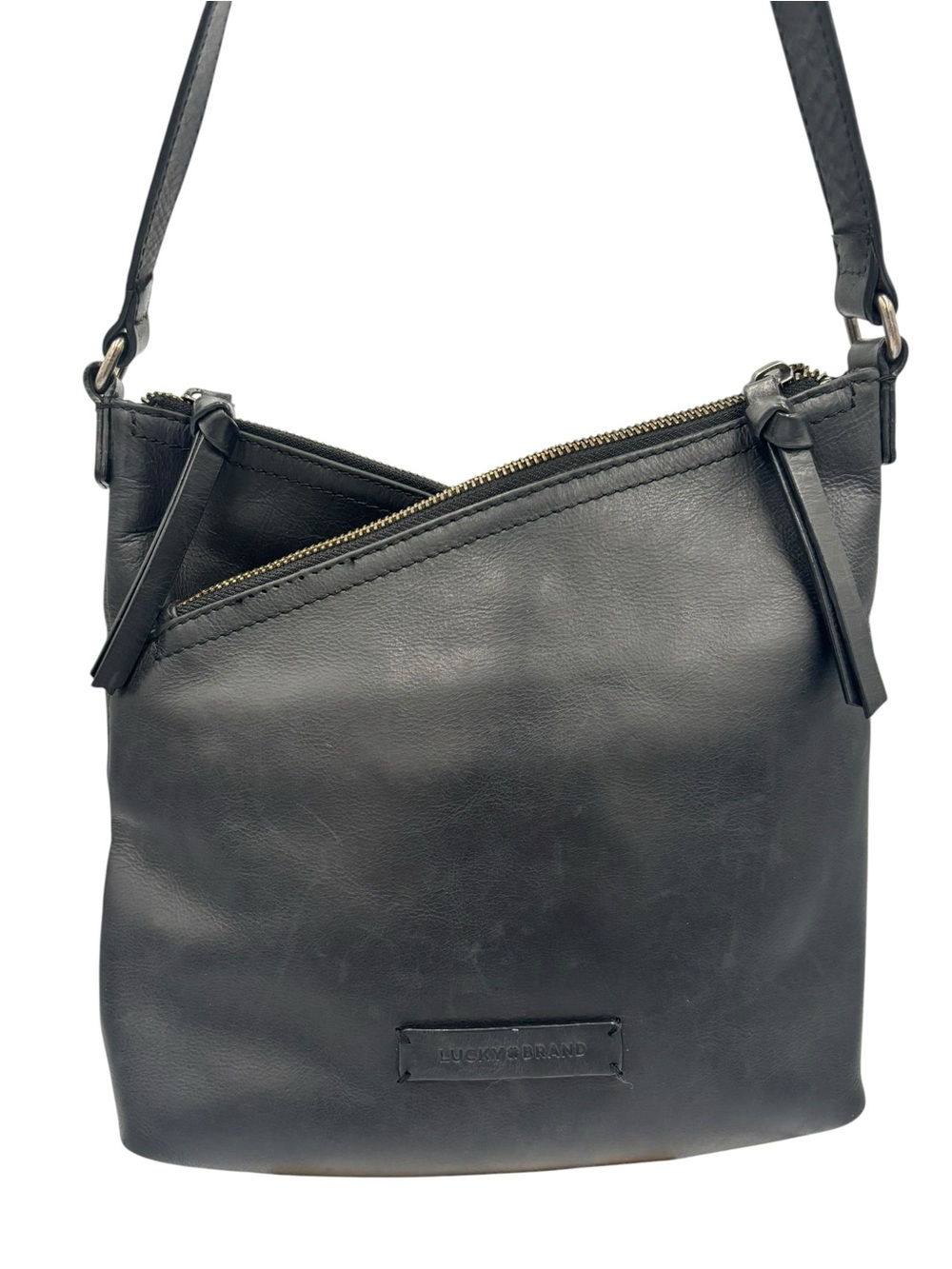 Lucky Brand Black Leather Asymmetrical Zip Crossbody Shoulder Bag